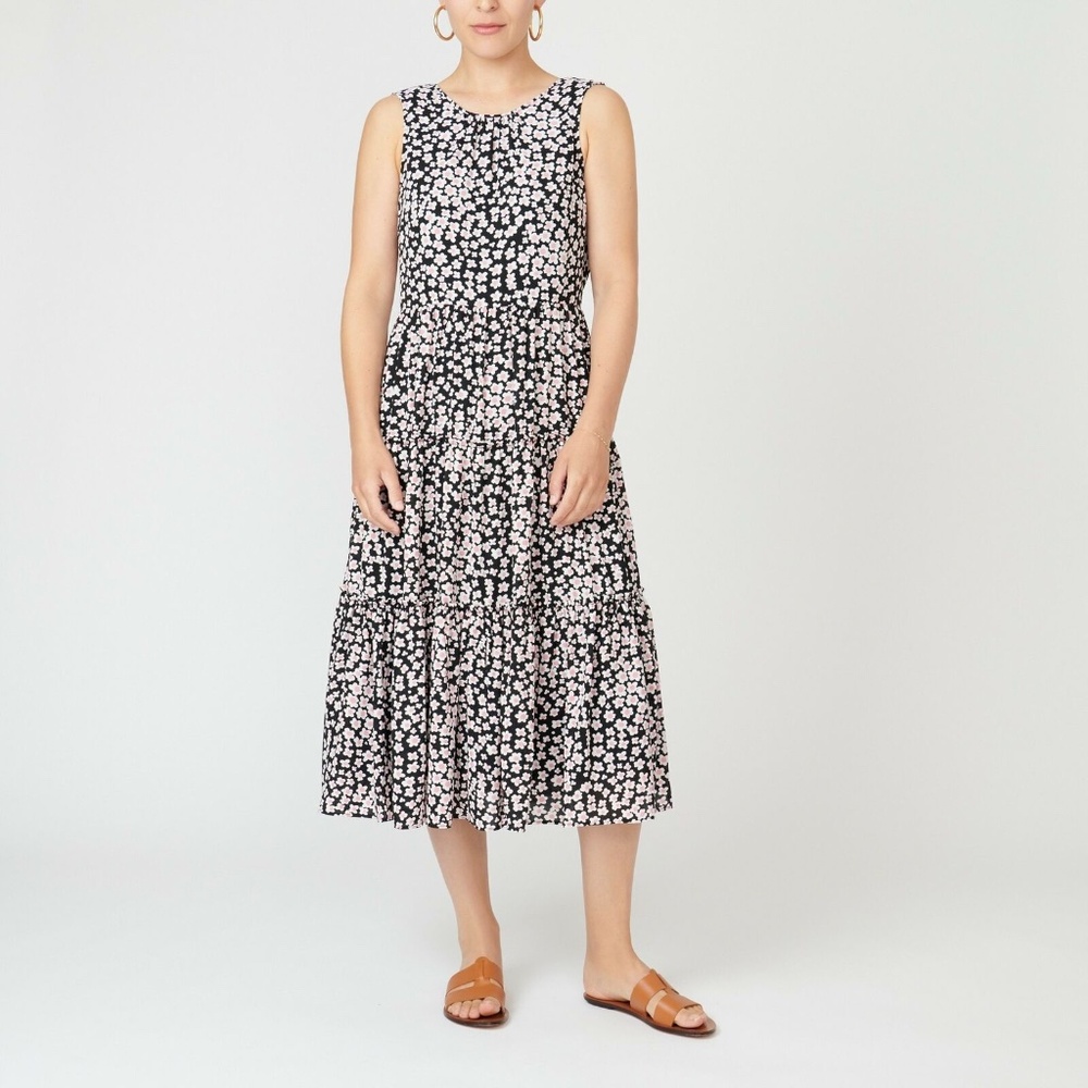 JCrew Midi Tiered Black Dress with White/Pink Poppy Flower Print Size Small Tall